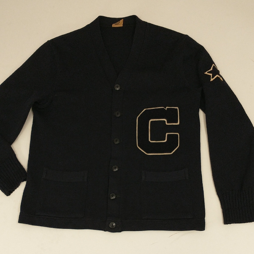 Dark Navy Blue Old Varsity Letter Cardigan Sweater C w/ a Star 50s Vintage Wool